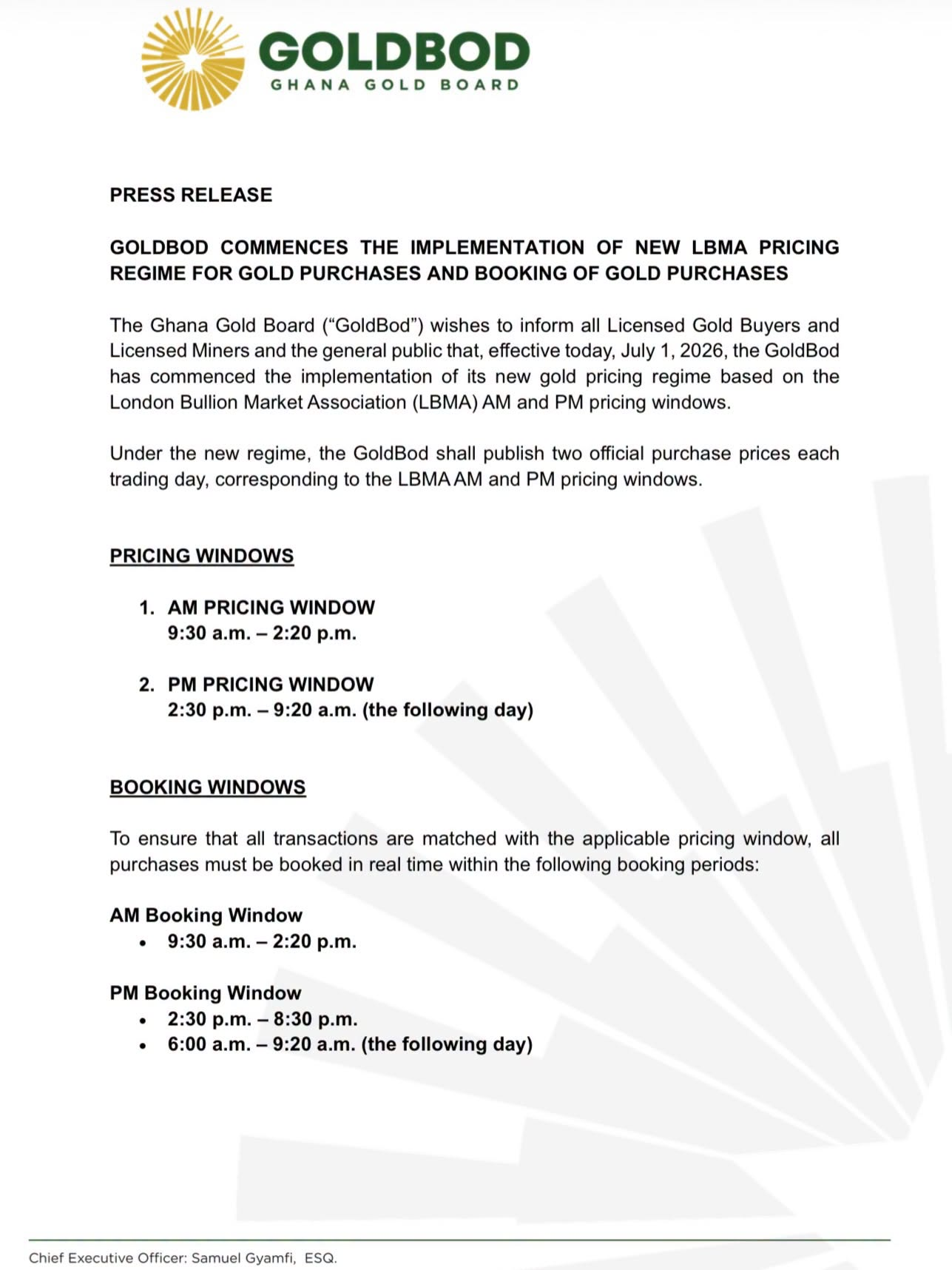 Ghana Gold Board Adopts New London Gold Pricing Regime