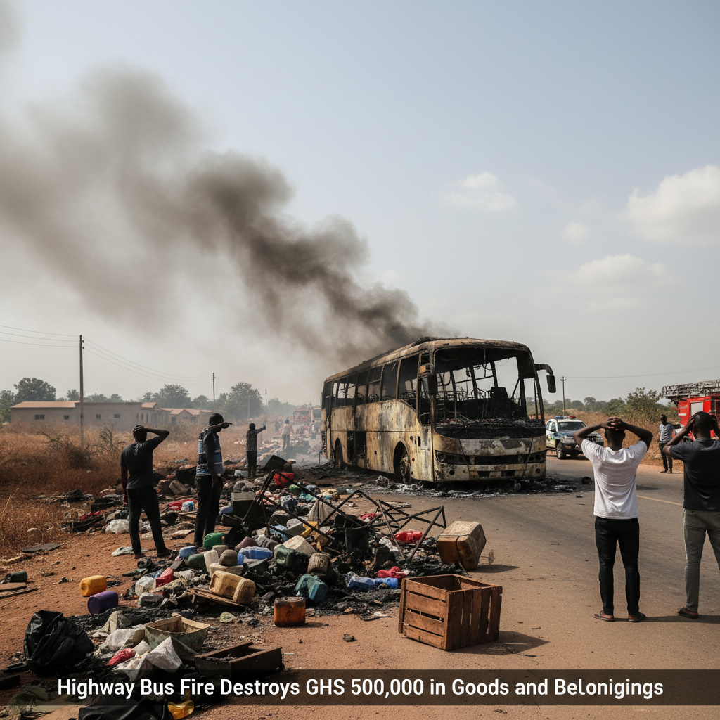 Highway Bus Fire Destroys GHS 500,000 in Goods and Belongings